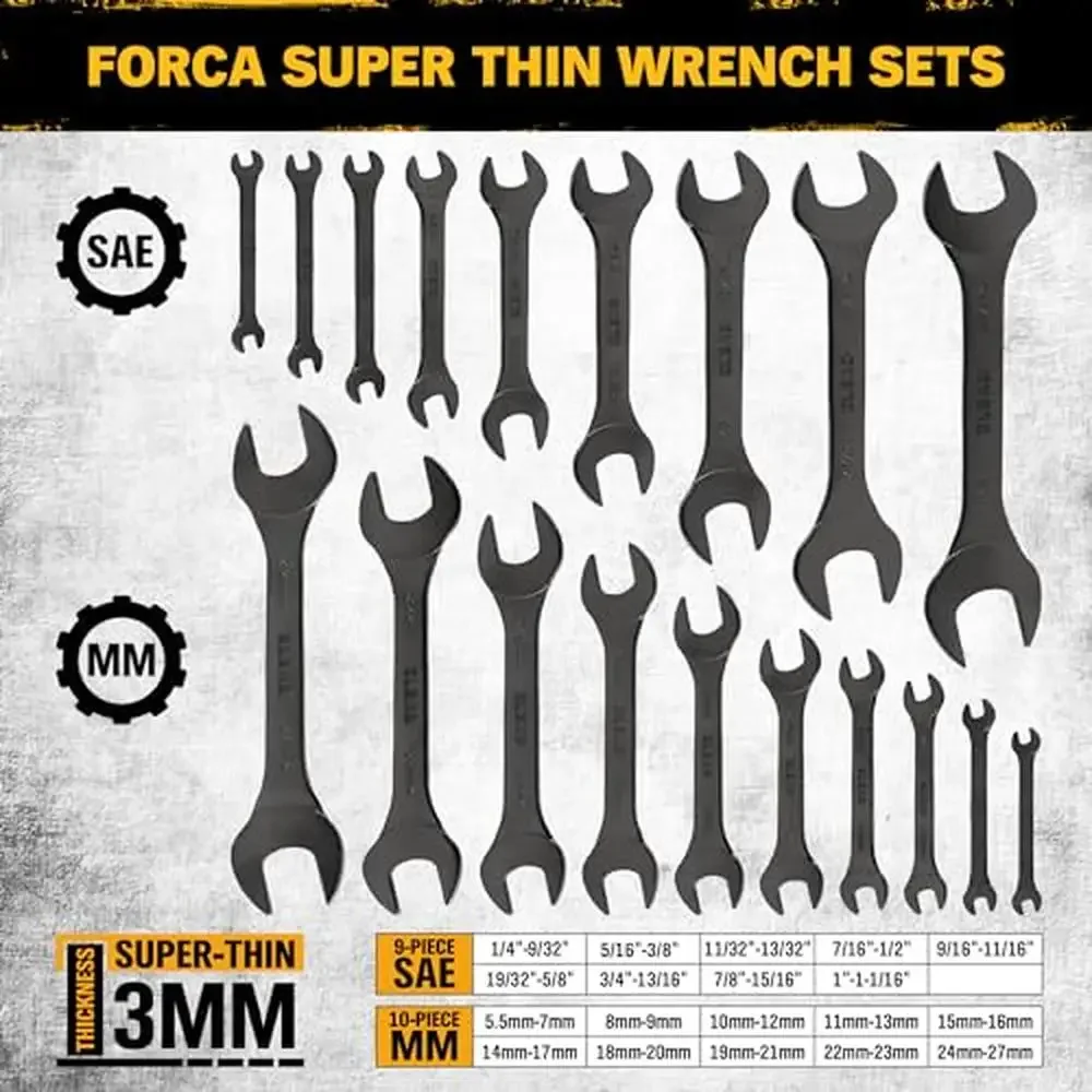 Super-Thin Wrench Set 19-Piece SAE & Metric CR-V Nickel Plated Ultra-Slim Design Rust-Proof Roll-Up Pouch Mechanic Essential