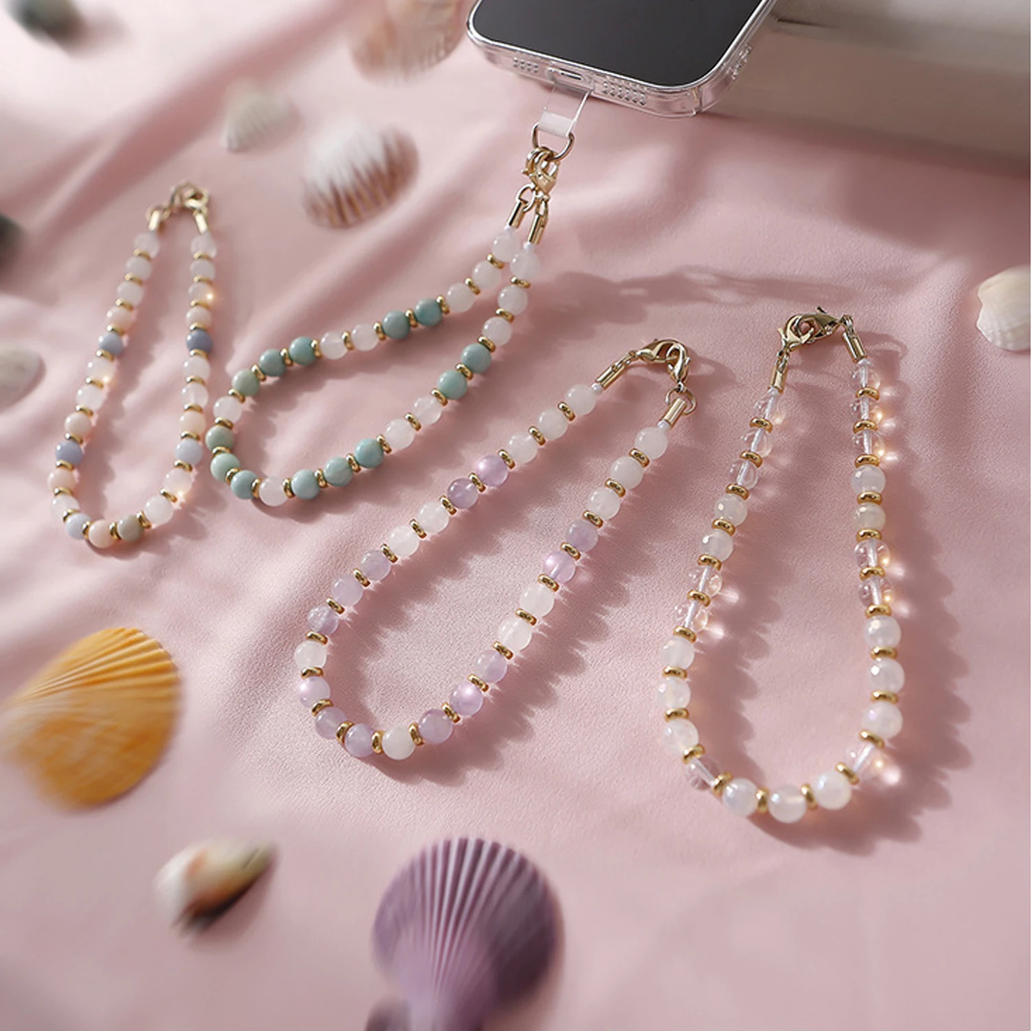 

Hot Selling Universal Natural Gemstone Amazon Stone Phone Chain for Girls Handmade Bead Phone Hanging Rope Car Keychain Hanging