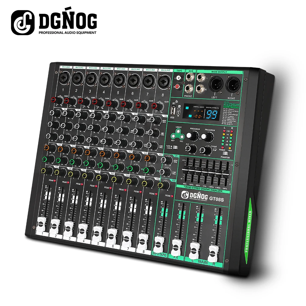 

Professional Audio Mixer DGNOG GT08S 8 Channel Sound Board Console DJ Mixing System 99 DSP Sound Table for Stage Party Studio