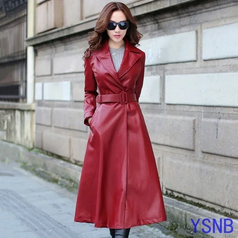 Coat Real Genuine Sheepskin Leather Long Overcoat Red Party Women Trench