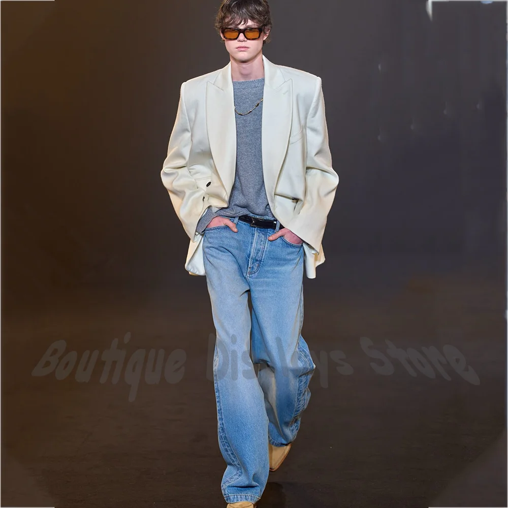 

Elegant Gentleman Peak Lapel Men's Suit Casual Loose Jacket Denim Pants Regulat Length Fashion Party Model Show Male Attire