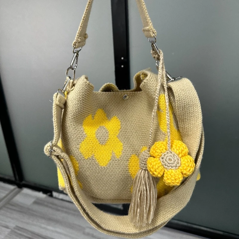 Handmade Crochet Bag Flower Tote Knit Floral Purse Bag, Boho Woven Beach Handbags Crossbody Shoulder Bag for Women Vacation image 6