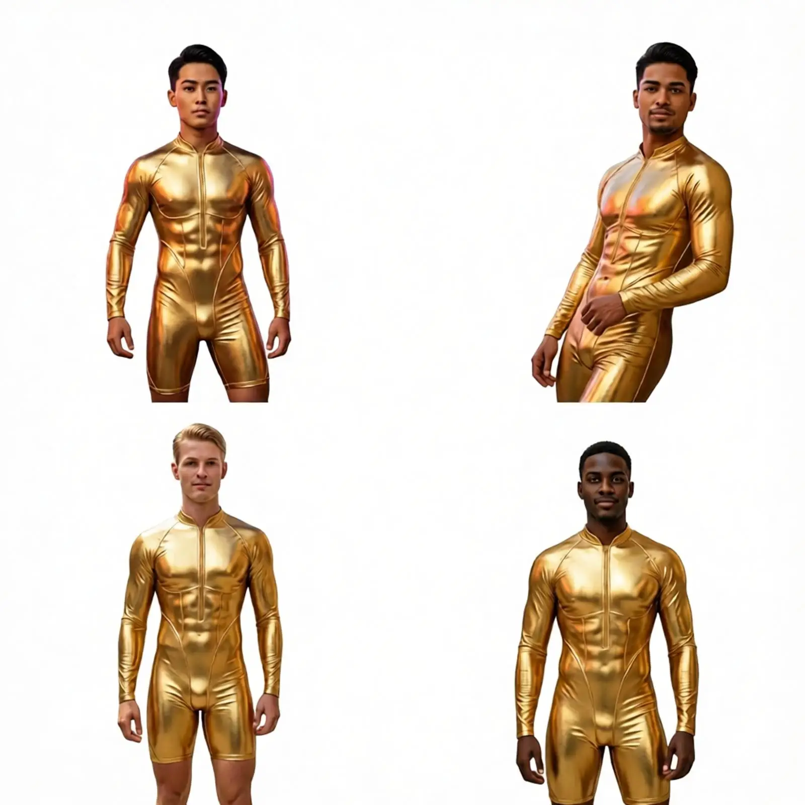 Men Metallic Shiny Short Dance Unitard Simulated Muscle Leotard Long Sleeve Short Bottoms One Piece Bodysuit Pole Dance Clubwear