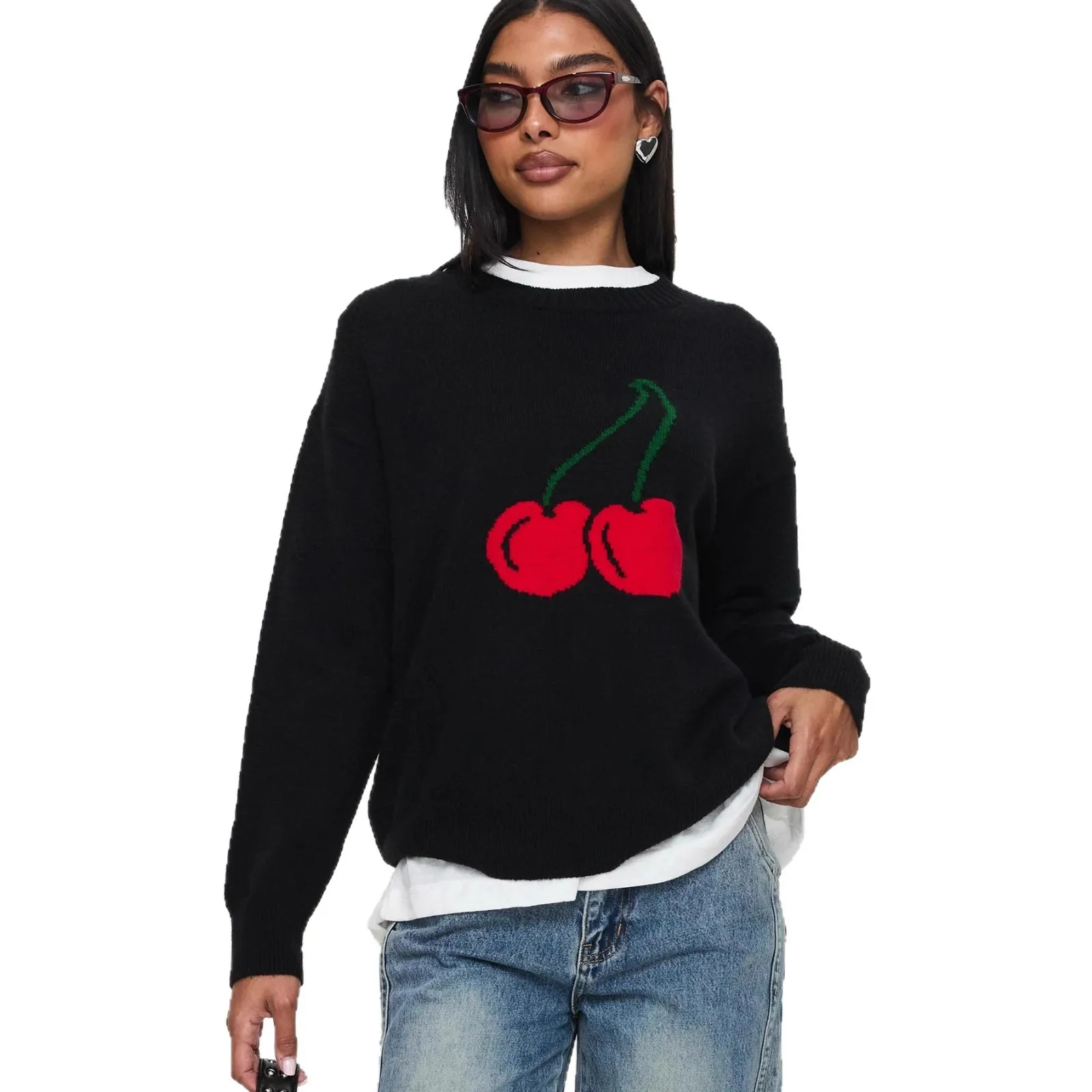 

Women's New Round Neck Knit Sweater Loose Fit Cherry Print Top Cozy Oversized Long Sleeve Trendy Lazy Chic Style Soft Wool Blend