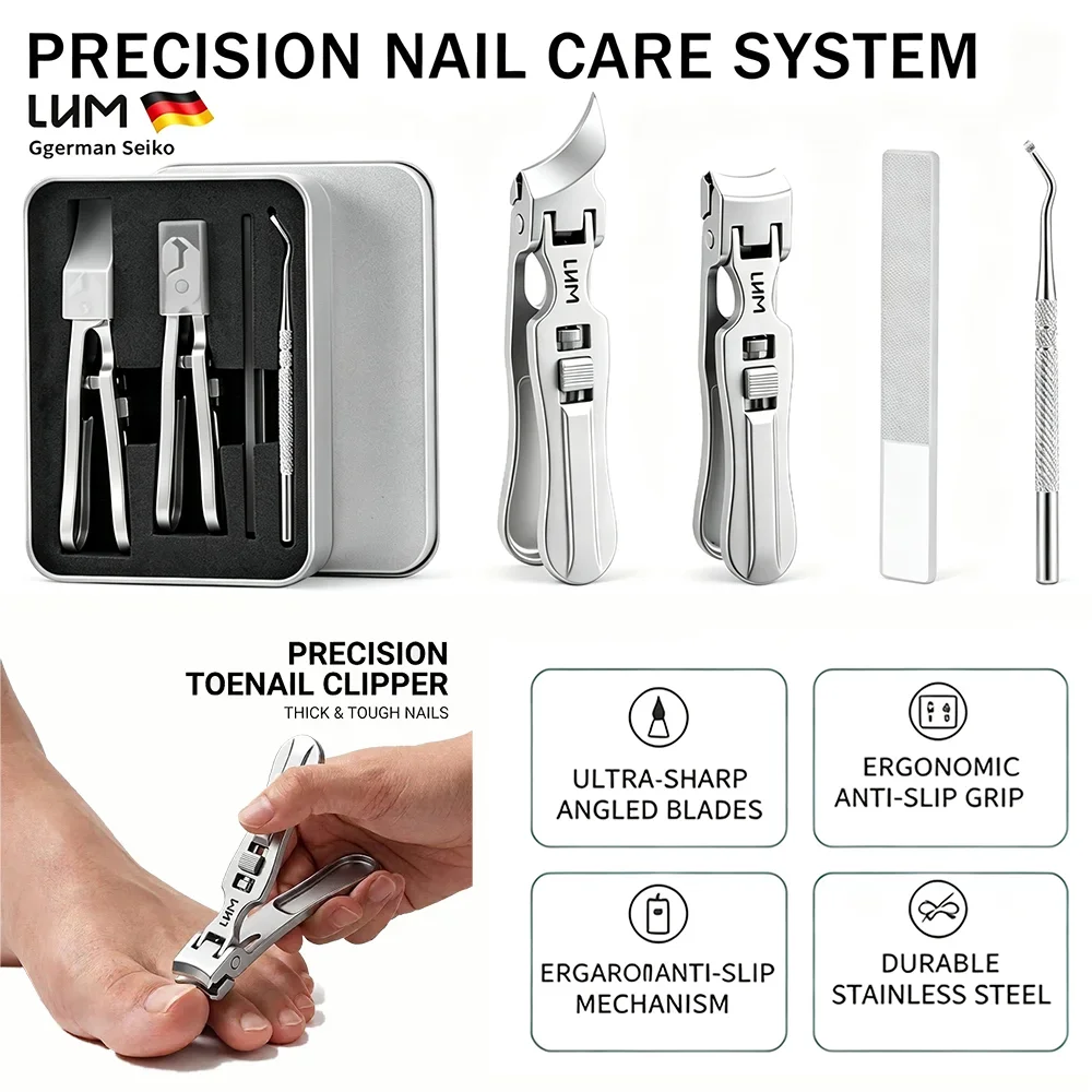 Wide Jaw Nail Clipper Kit, Stainless Steel Angled & Flat Toenail Cutters with File for Thick Ingrown Hard Nails