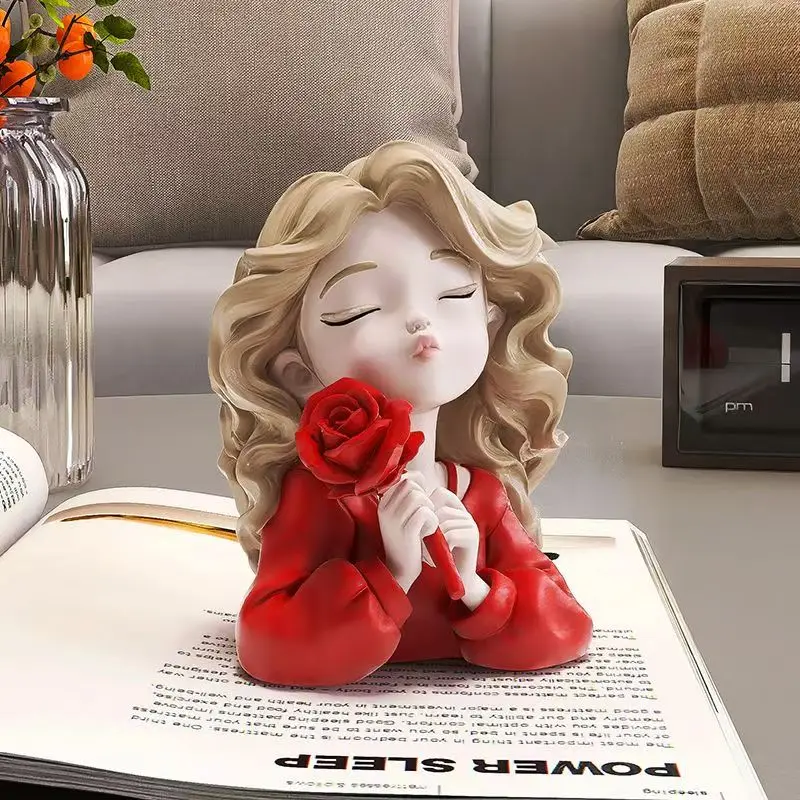 Wavy Blonde Hair Girl Rose Flower Statue, Resin Character Sculpture Desk Decor