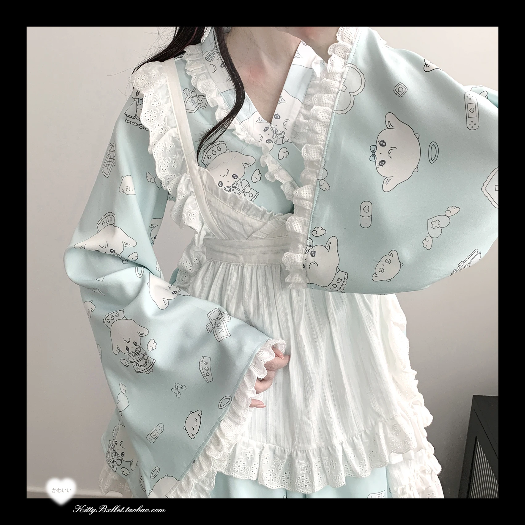 New 2024 Spring and Summer Female Girls Sweet Cute Lace Water Color Printed Kimono Top  Apron and Skirt 3 Piece Set Outfits