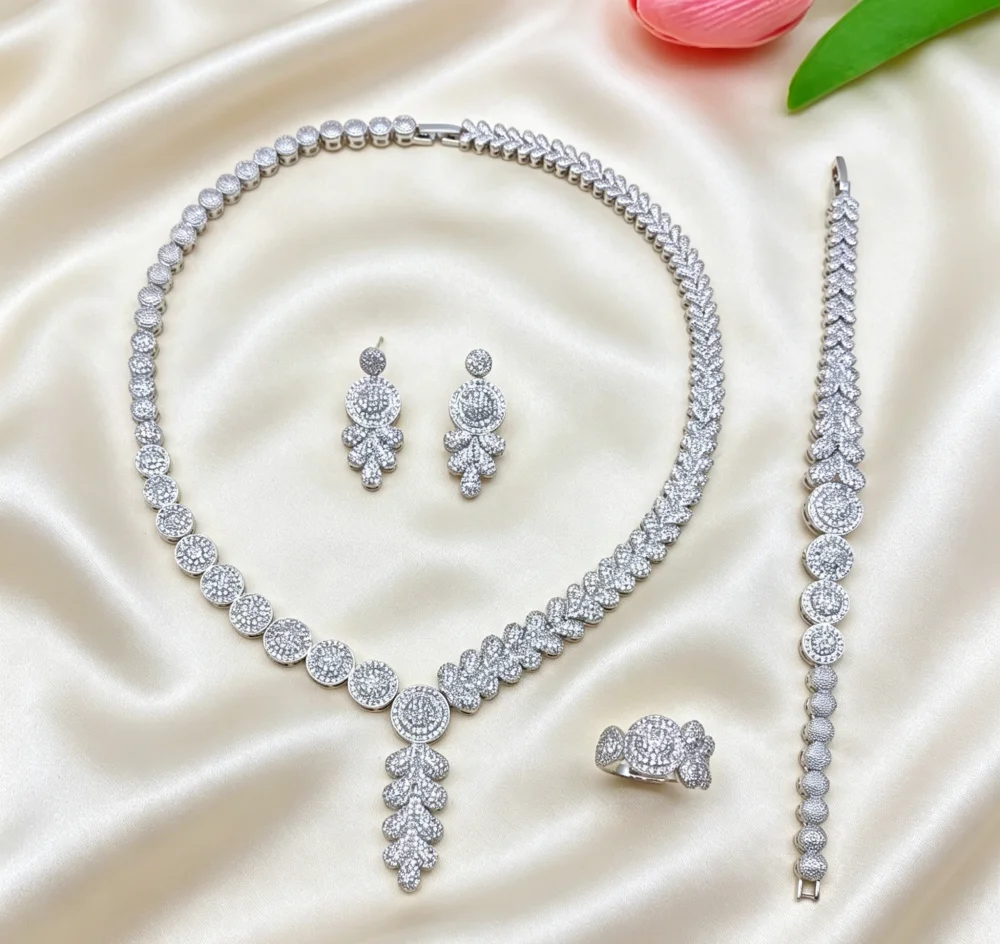 

Flora Exquisite Silver Plated Copper Women's Jewelry Set Cubic Zirconia Bridal Wedding Ring Bracelet Necklace Earrings