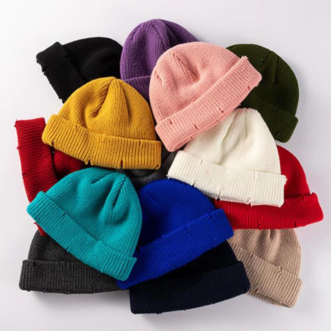 Fashion Y2K Knit Short Beanies for Men Women Autumn Winter Hats Solid Color Hip-hop Skullies Caps Unisex Ripped Streetwear