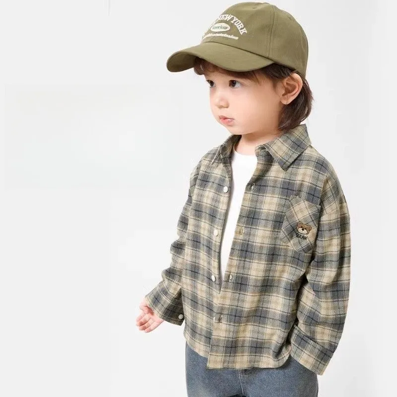 2025 Spring New Boy's Checkered Cotton Shirt Soft Comfortable Long Sleeve Cartoon Print Casual Jacket Kids' Apparel