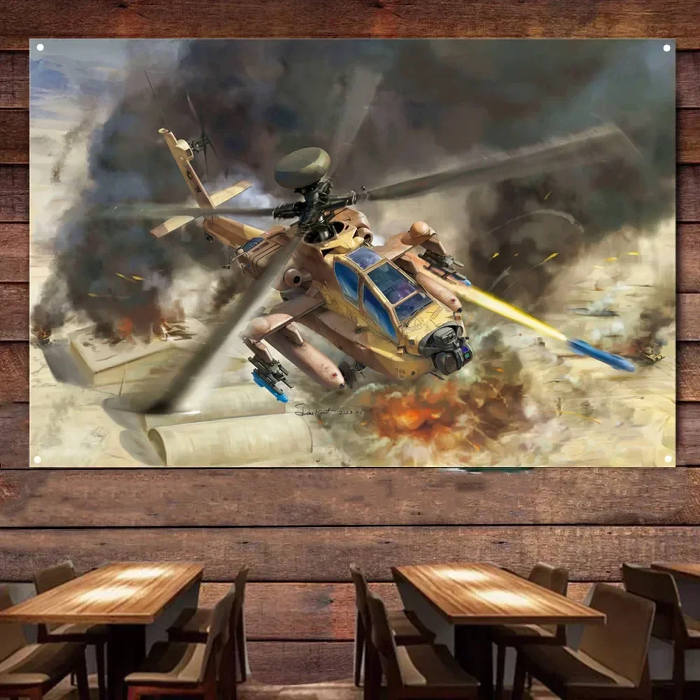 AH-64DI Saraf Attack Helicopter Poster Wall Chart - Military Art Banner - Air Force Army Fans Wall Hanging Flag Canvas Painting