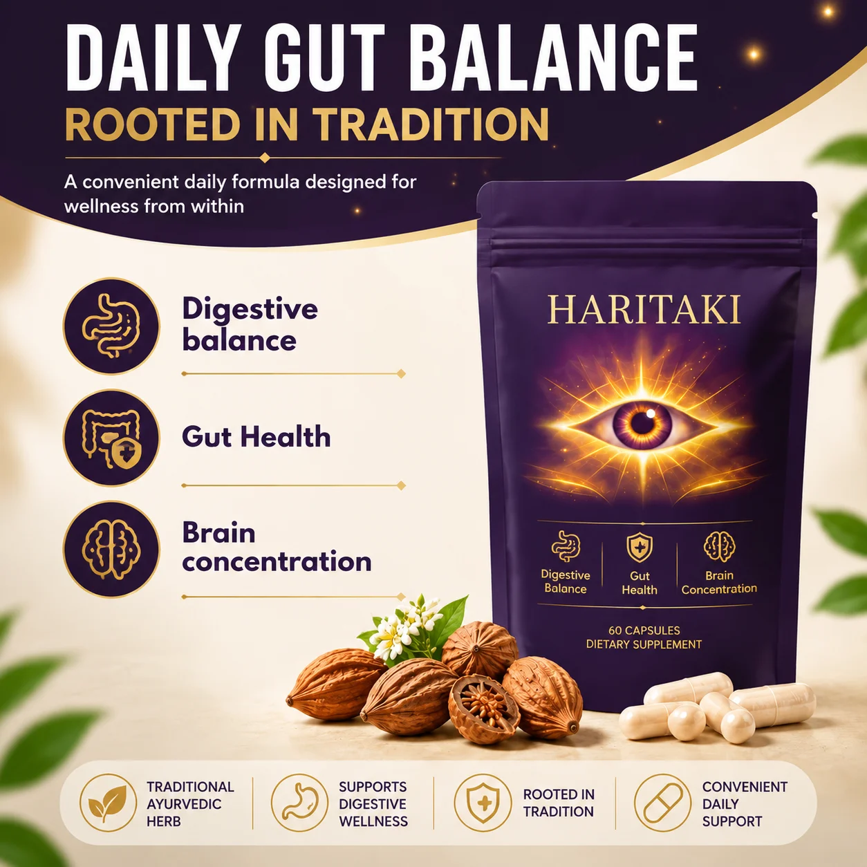 Haritaki 3rd Eye Supplement 500mg Gut Health Digestive Mental Focus Regular Elimination Antioxidant Haritaki Fruit Powder 60Ct