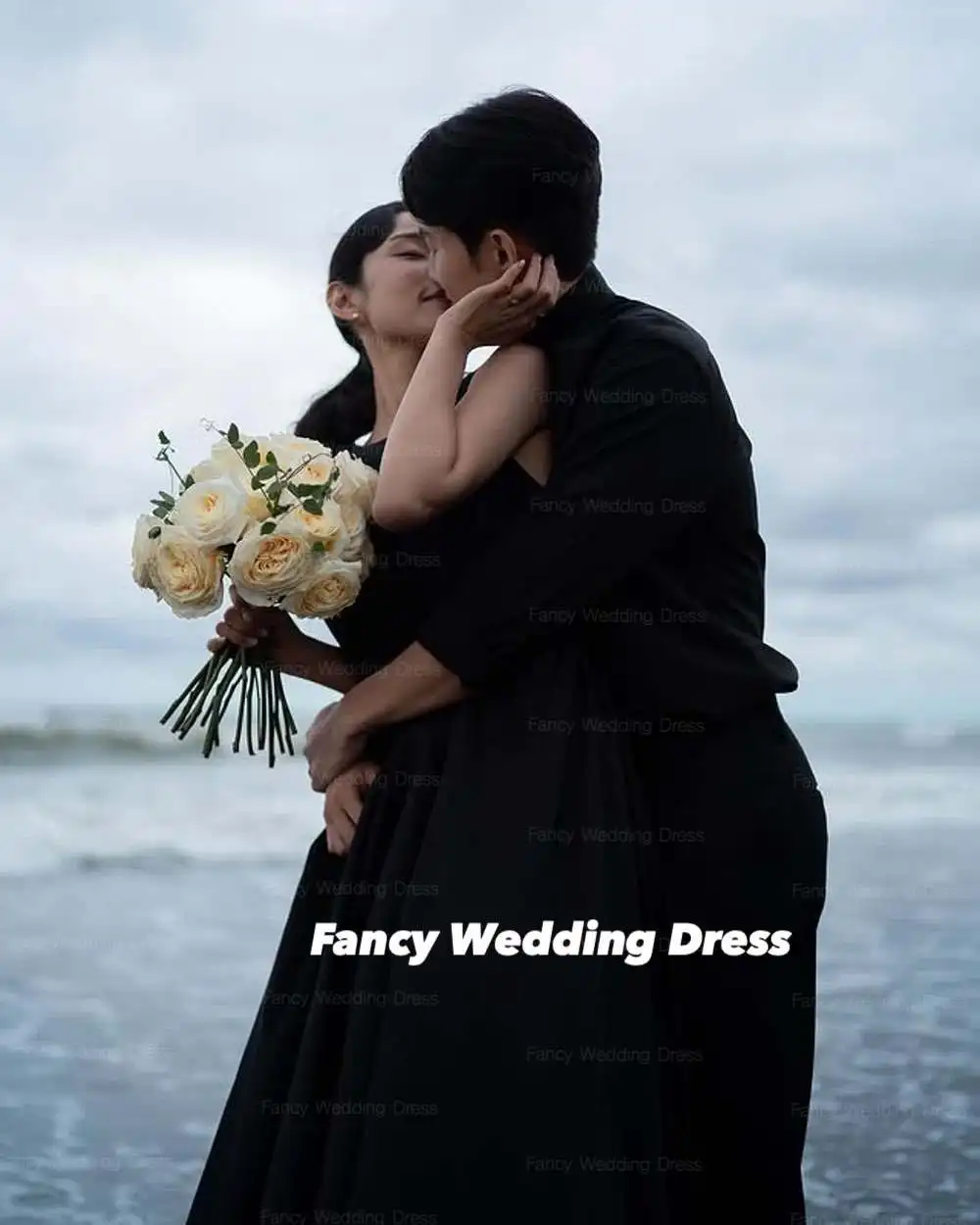 Vestido de noche negro sencillo y elegante con cuello redondo, sesión de fotos de playa, vestido de novia de tafetán sin mangas, corsé con cremallera trasera personalizado