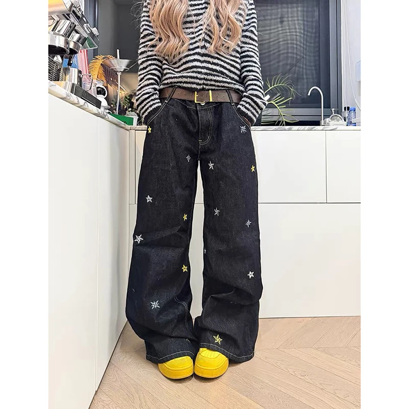 

ZHIZOU Women Baggy Wide Fit Jeans 2000s Y2k Street Wear Japanese Grunge Star Cyber Punk Denim Pants High Street American Retro