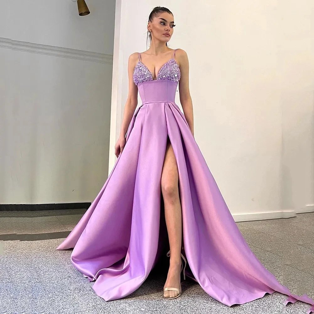 

Purple Long Evening Dresses 2024 Sequined V Neck Straps Lace Satin Beading Split Long Prom Formal Gowns Robe De Soriee