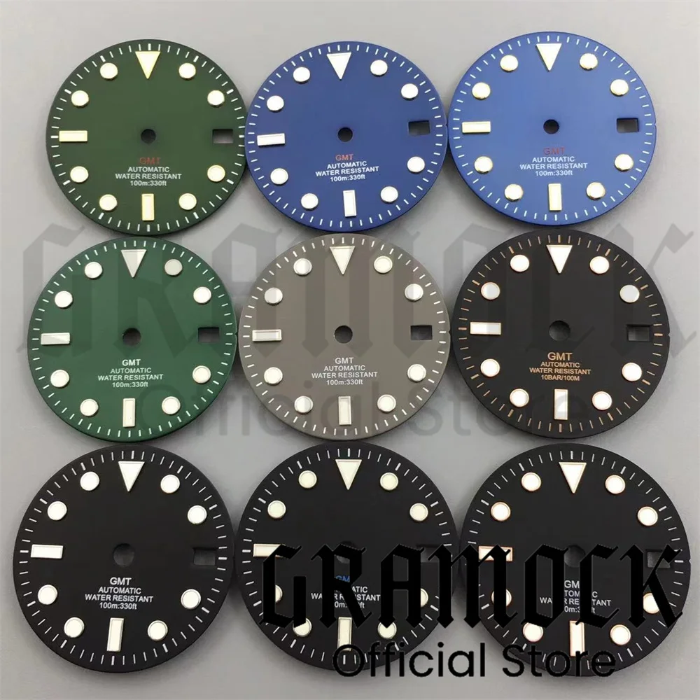 29mm Glossy Watch Dial Black White blue Dial Green Blue Red Orange GMT Text Black Gold Rose Edge Fit NH34 Movement C3 Luminous