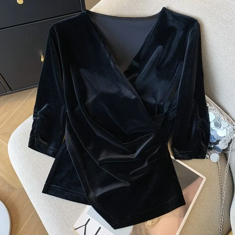

Solid Color Pullover Mid-sleeved Women's Casual Black French Simple V-neck Shirt Top