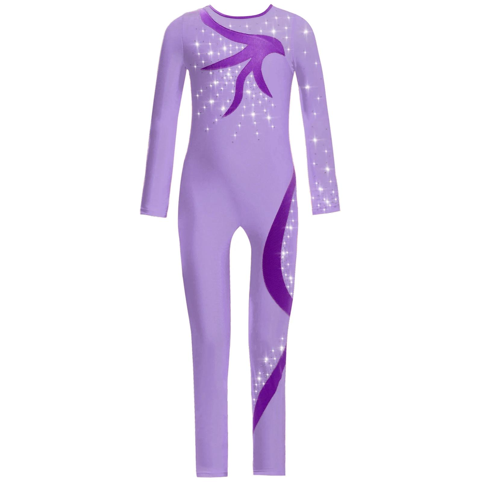 

Kids Girls Rhythmic Gymnastics Jumpsuit Shiny Rhinestones Sheer Mesh Figure Skating Performance Bodysuit Full Length Leotard