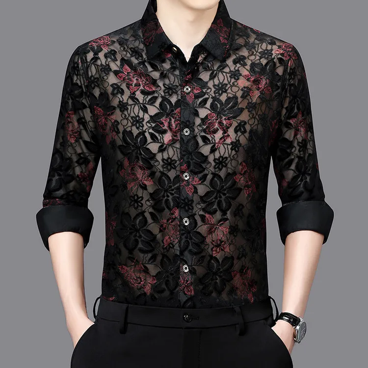 

Мужские прозрачные рубашки, осень-весна 2022, одежда с цветочным принтом, мужская сексуальная прозрачная клубная одежда, классическая рубашка, бархатные топы с длинными рукавами