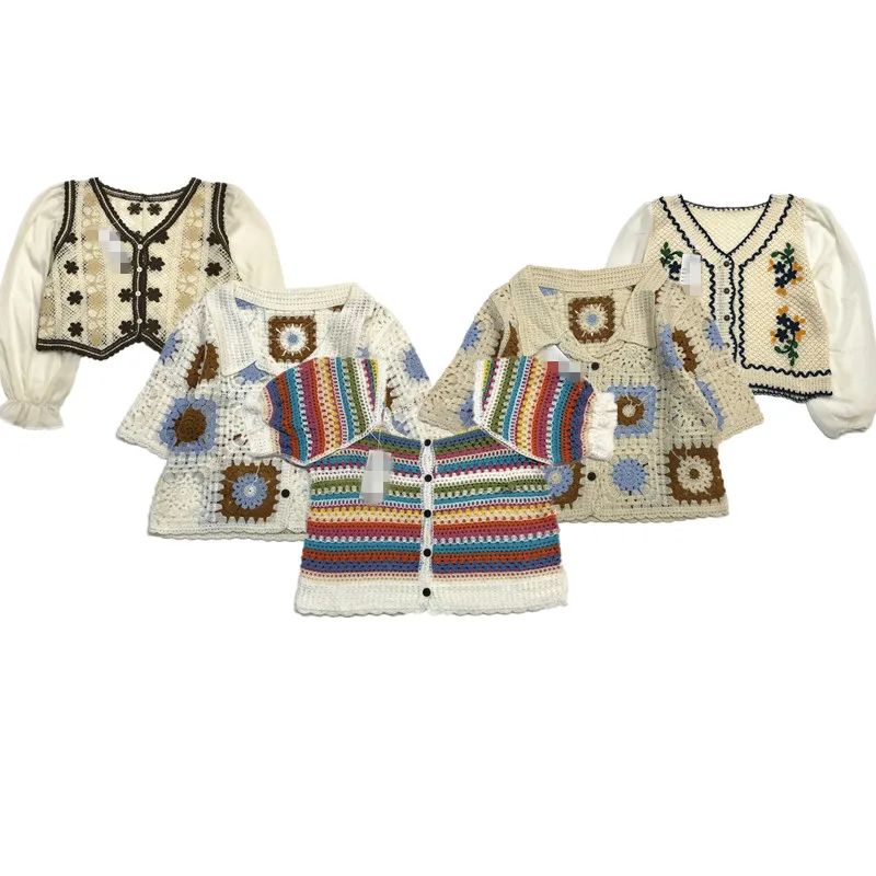 

Hanrted Embroidered Vintage Sweater Double Layer Hollow out Pure Color Luxury Floral Mixed Fiber Summer 2024 Ladies Knitwear