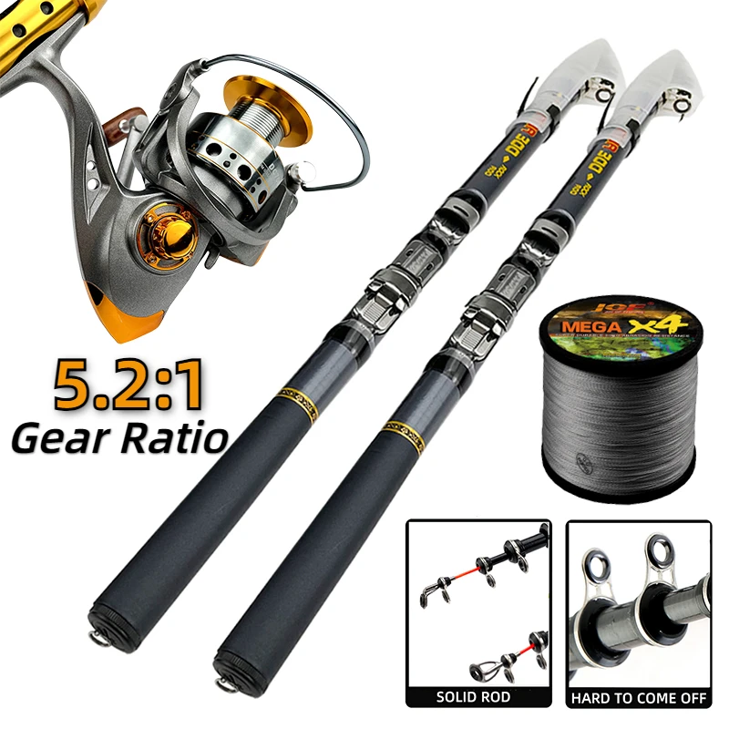 GHOTDA Carbon Fiber Short Telescopic Rock Fishing Rod 1.5-3M and Spinning Reel 1000-3000 Series with Braided Line Gift Full Kits