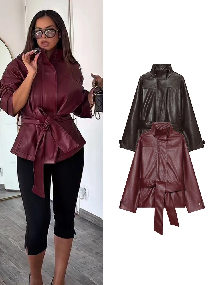 Women Stand Collar Coat With Belted Long Sleeve Faux Leather Outerwear New 2026 Fashion High Street Casual Female Outfit