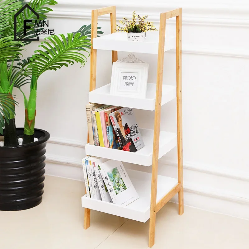 Formwell Ladder Storage Shelves Unit, Bamboo Frame with MDF Tray Shelf, Free Standing Storage Rack