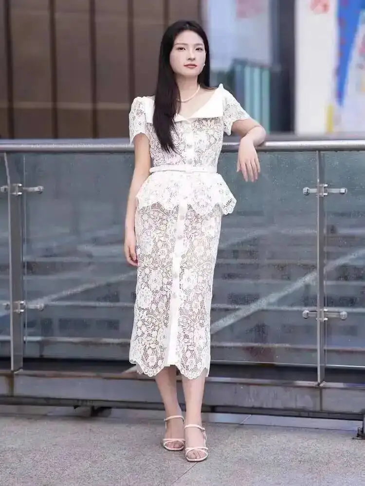 Long Lace Prom Dress Women 2026 Summer Dresses Short Sleeve Embroidery Single Breasted Beaded Diamonds Evening Party Midi Robe