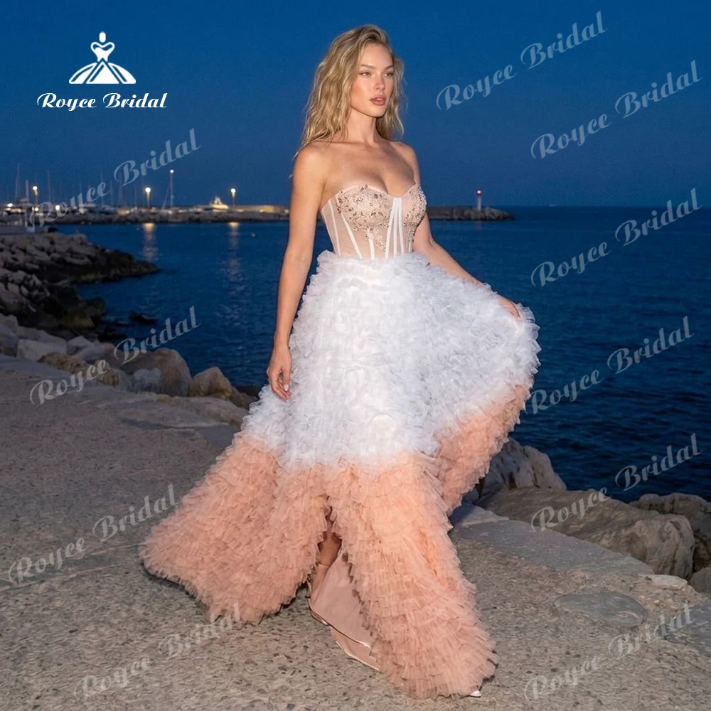 Peach White Gradient Tulle Prom Dress Sweetheart Beaded A Line Evening Dress Women's formal evening gowns Customized