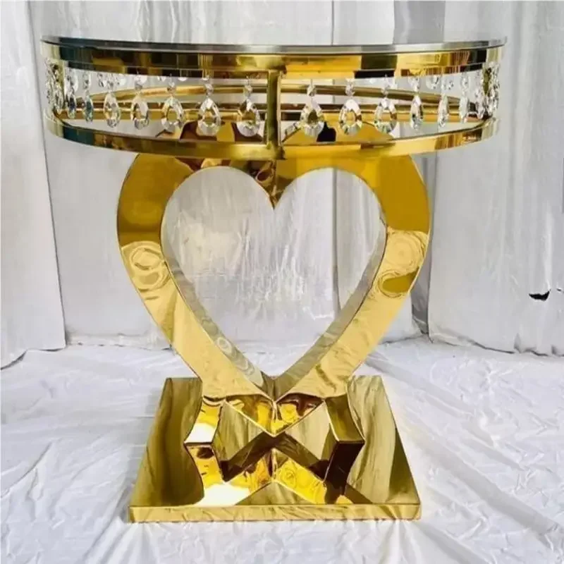 

Luxury Heart Base Wedding Table Gold Stainless Steel Crystal Pendant Round Side Glass Mirror Top Cake Table Set