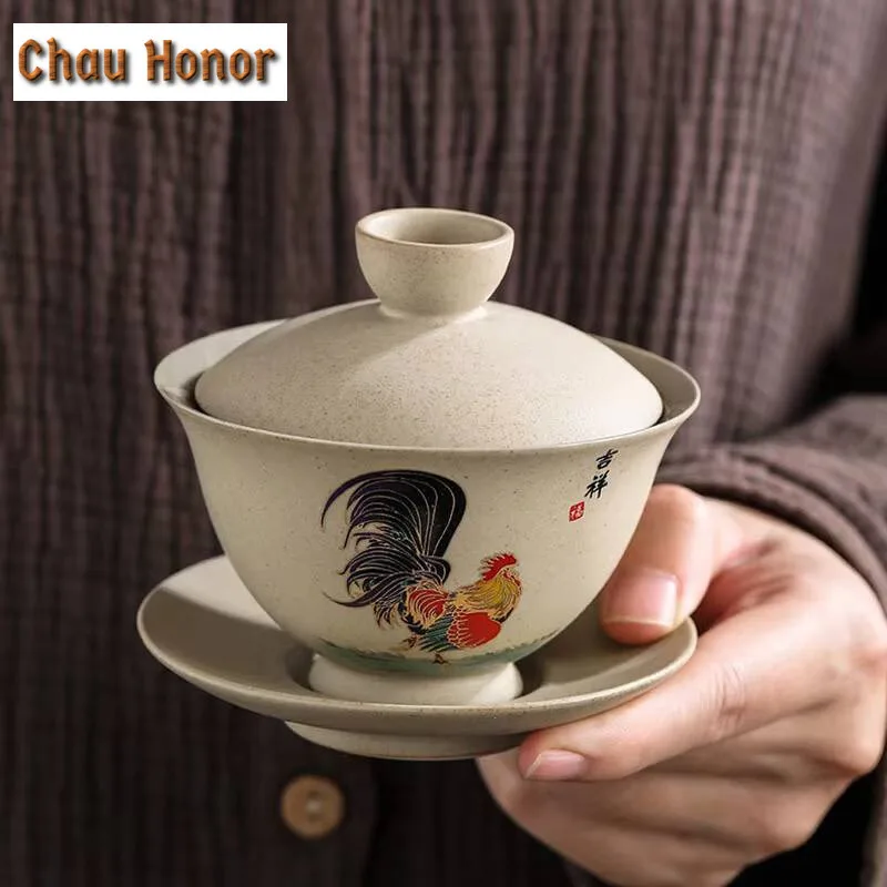 160ml Exquisite Coarse Pottery Gaiwan Household Retro Rooster Tea Cup Chinese Ceramic Tea Bowl Tea Ceremony Customized Gift