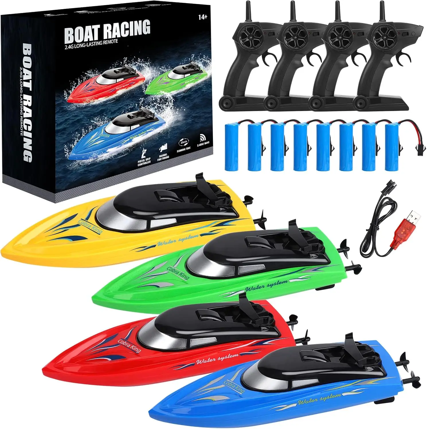 Remote Control Boats for Kids and Adults, 4-Pack High Speed 2.4G RC Boat 10km/h, Fast Toy Boat for Pools and Lakes with 8 Rechargeable Batteries