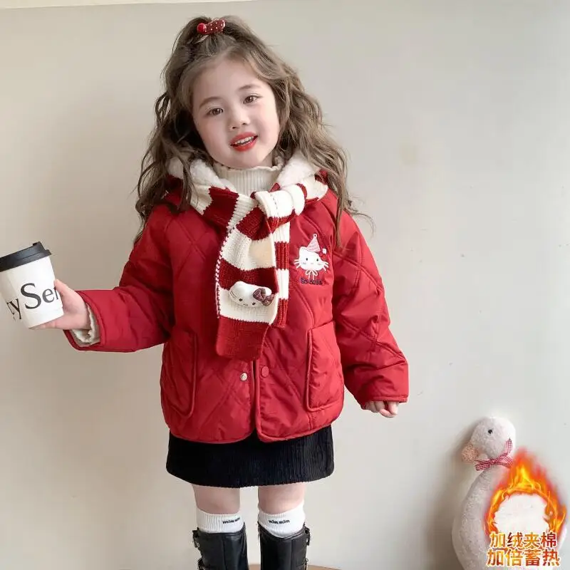 

Sanrio для девочек, хлопковая стеганая куртка Hello Kitty Kawaii, зимняя утепленная куртка в стиле аниме, студенческие теплые топы, детская одежда, новый стиль