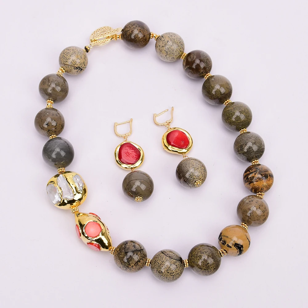 GG Huge 22MM Natural Mix Color Jasper White Pearl Red Coral Gold Edge Beaded Necklace Earrings Sets For Women Heavy Jewelry