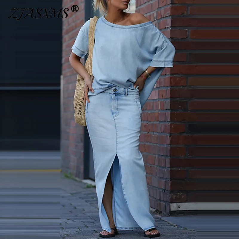 

New Women's Two Piece Set Spring Skew Collar Hollow Out Top Pullover & Split Skirt Outfits Summer Simple Solid Office Lady Suits
