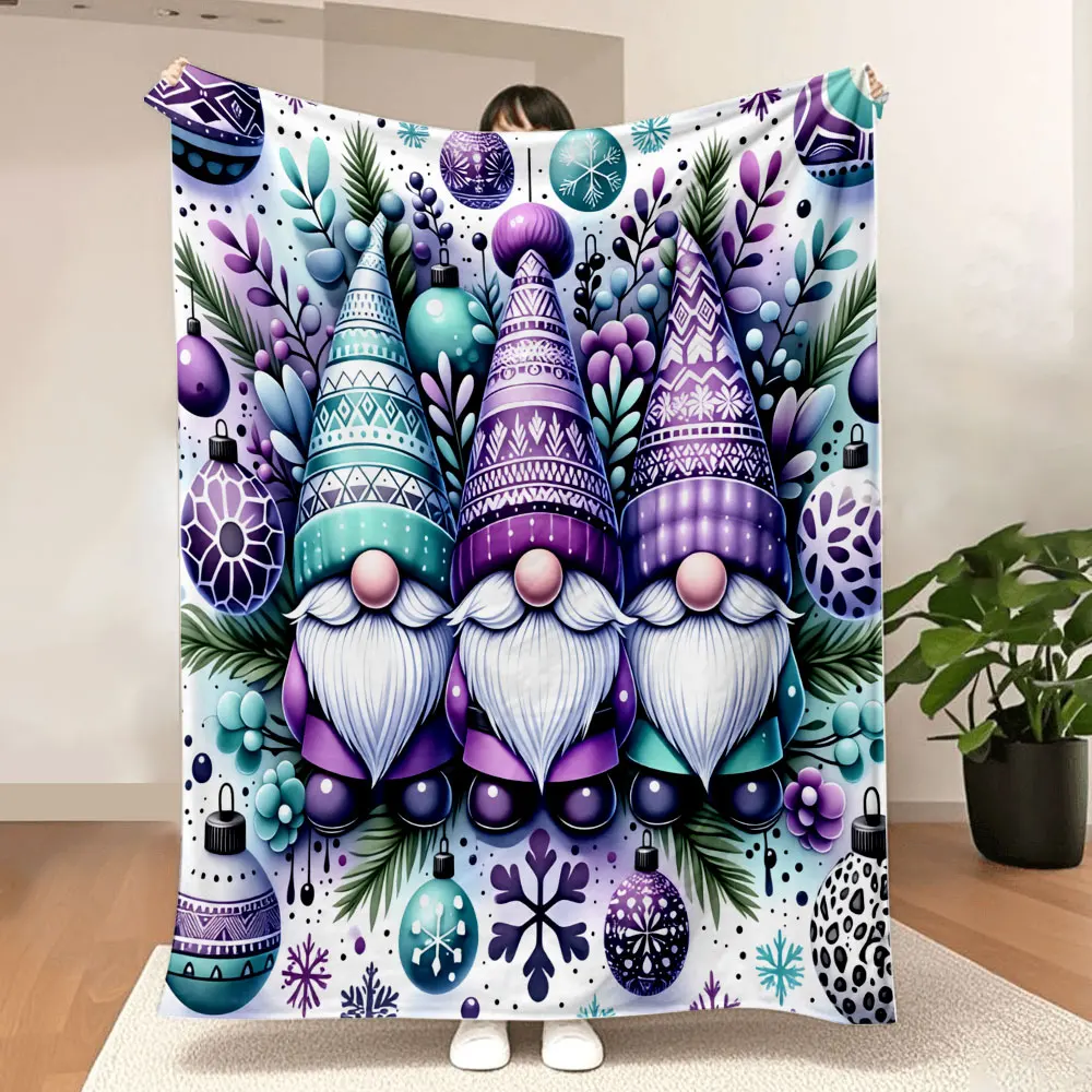 Christmas Gnome Blanket - Whimsical Festive Gnomes with White Beards & Pink Noses, Ornate Teal/Purple Ornaments, Evergreen Sprig