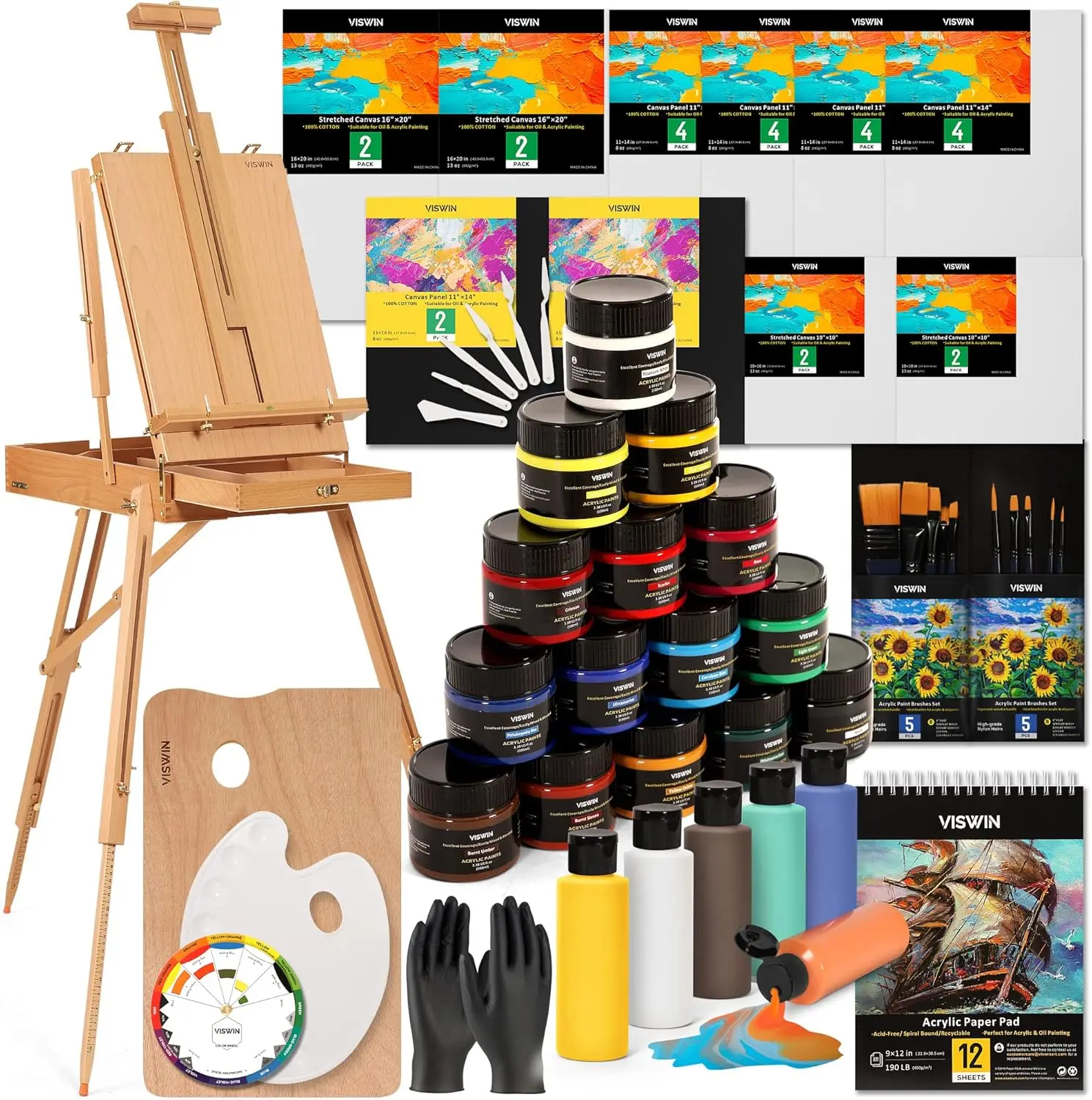 Complete Acrylic Painting Set with French Easel, 100ml Paints, Canvases, Brushes, Art Supplies for Adults & Beginners