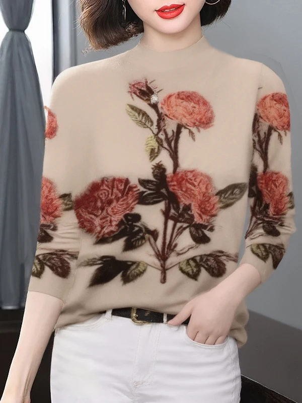 

Элегантная утепленная флисовая кофта с длинным рукавом и цветочным принтом, с воротником-стойкой, теплая, для женщин среднего возраста