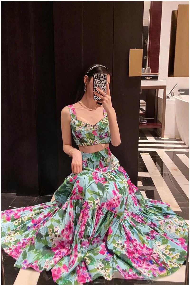 

MoaaYina Fashion Designer Spring Vacation Suit Women Short Spaghetti Strap Top＋High waist floral print Skirts 2 Pieces Set
