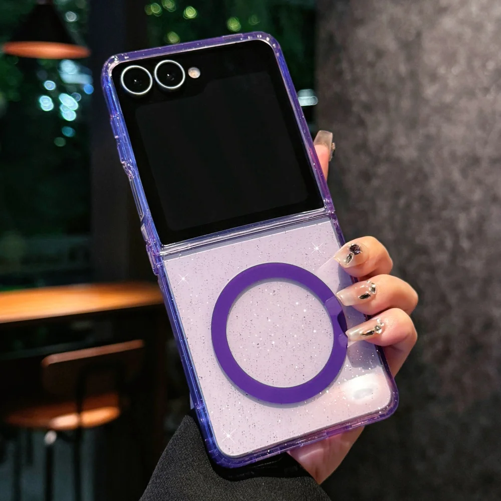 Transparent Bling Glitter Magnetic Case For Samsung Galaxy Z Flip 7 6 5 4 3 5G Wireless Charging Soft Bumper Protection Cover
