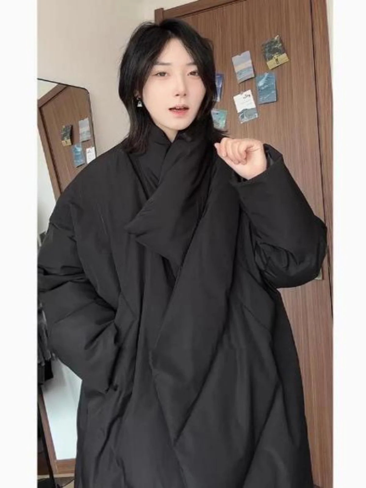 

Bla Thiened Mid-Length down Cotton Jaet Men's Winter High-End CleanFit Cotton Coat Knee-Length Chinese Sle Outerwear