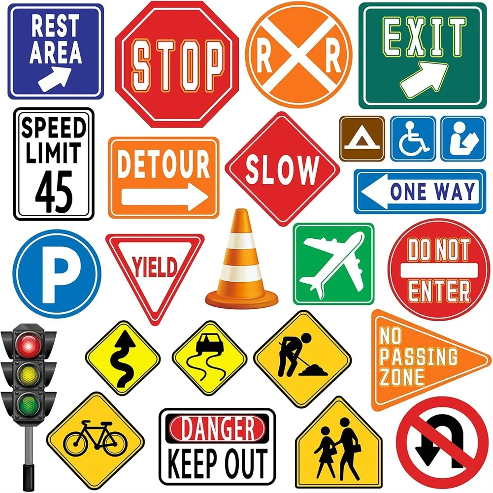 25pcs Street Sign Wall Stickers PVC Self Road Stop Decals for Childrens Room Classroom Hallway and Play Space Decor