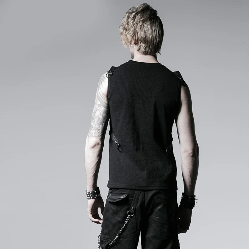 PUNK RAVE Gothic Black 100% Cotton Rib Summer Vest Fashion Chest Crossband Haulage Motor Men Cool