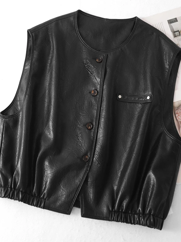 High-End Women's Sleeveless Leather Vest 2026 New Design Sensation Outerwear Short H-Shape Backless Autumn Layering Top