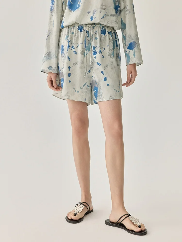 Birdtree, 90% Real Silk 10% Spandex Shorts, Women Ink Printing Short Pants, Elastic Waist Casual Pant, 2026 Summer New P64729JF