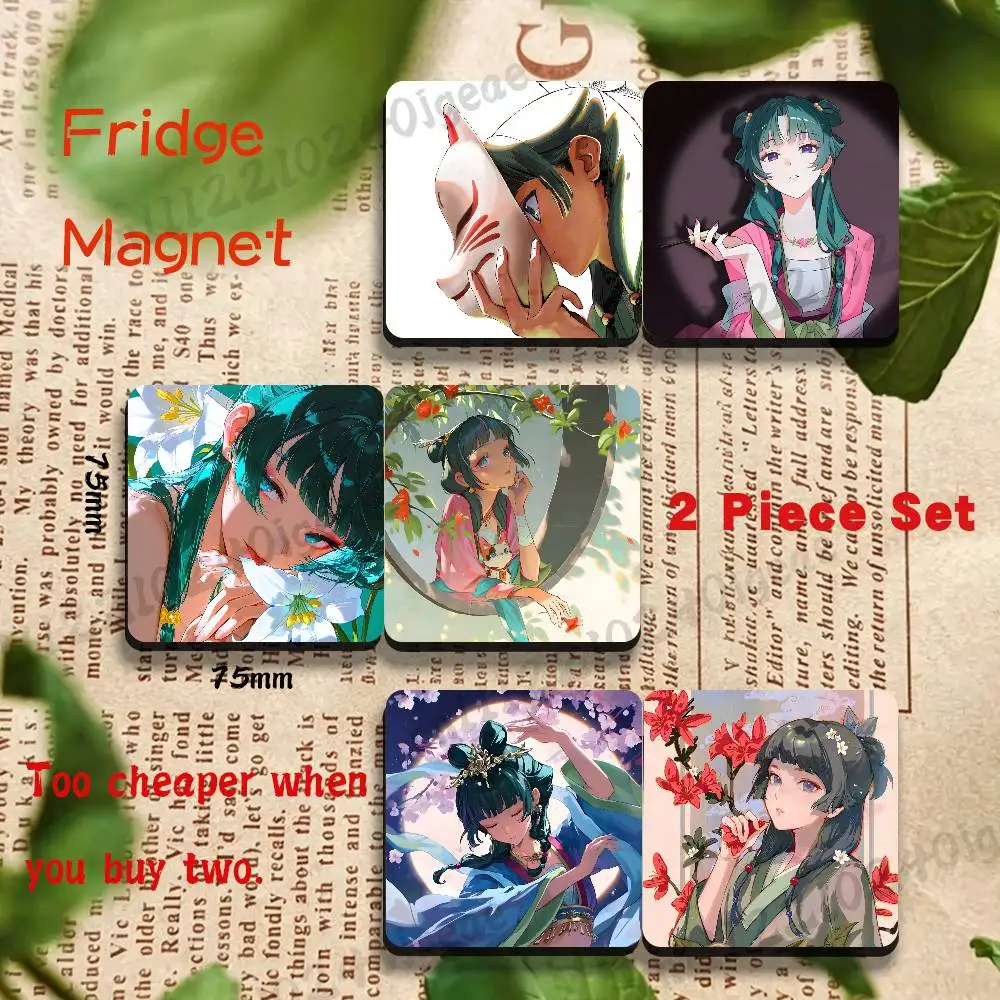 Cartoon Anime Maomao 2-Piece set Square Black Fridge Magnets for Refrigerator, Whiteboard, Cabinet, Classroom and Office Decor