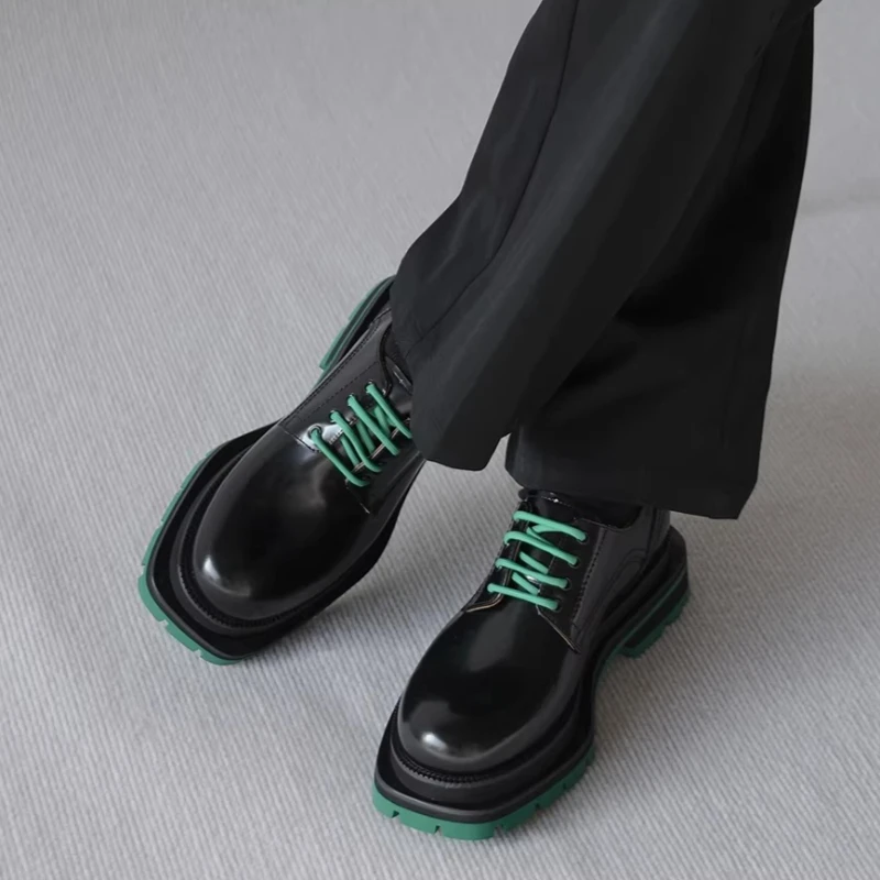 Men's Dress Shoes Autumn New Genuine Leather Comfortable Breathable High-end Fashion Black Green Square Sole Casual Derby Shoes