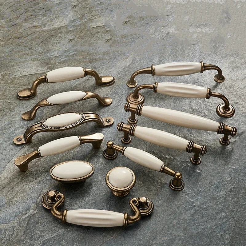 5pc Antique Bronze Ceramic White Cabinet Handles Zinc Alloy Drawer knobs Wardrobe Door Handle Simple European Furniture Hardware