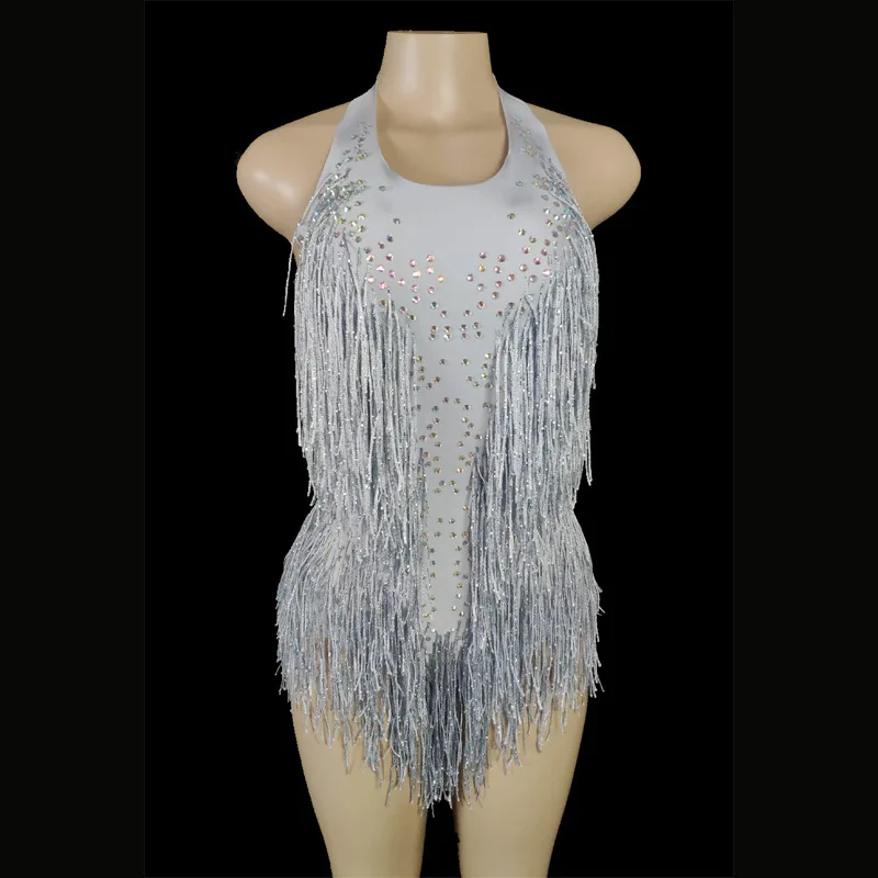 Sparkly Crystals Fringes Bodysuit Sexy Tassel Latin Jazz Dance Costume One-piece Stage Wear Nightclub Dancer Show Clothing Adult