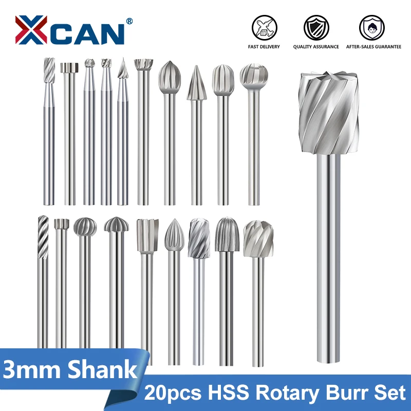 XCAN Rotary Router Milling Cutter 20pcs 3mm Shank HSS Routing Router Bits Burr Rotary Wood Carving Tool Kit Woodworking Tools